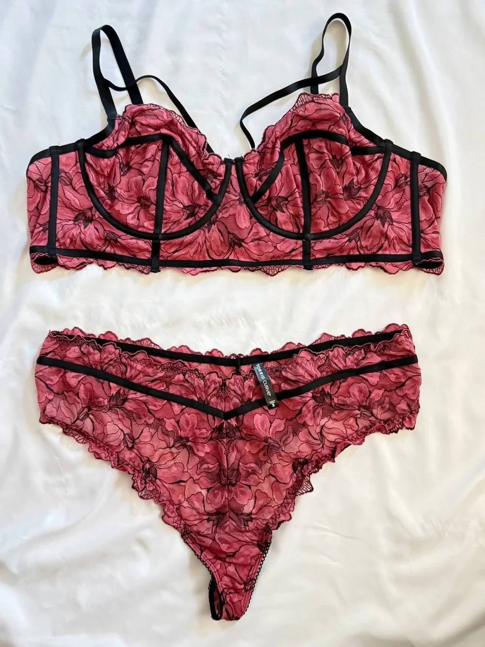 Pink Floral Lace Longline Underwire Bra & Bikini Set